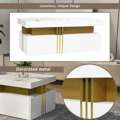 Modern White Rectangular Coffee Table - Marble Pattern Triamine Board Top And 2 Wooden Drawers, 100x50x40cm